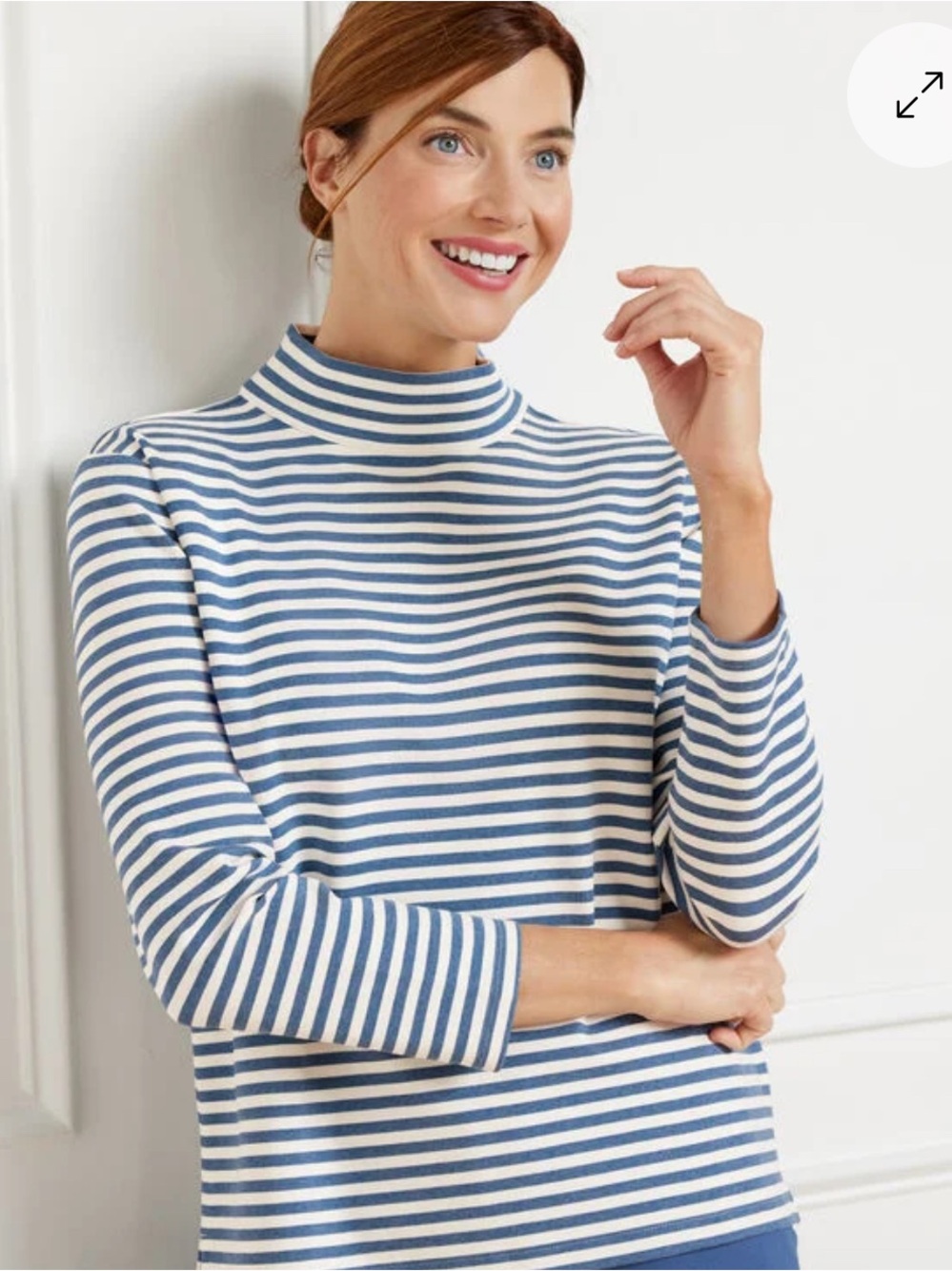 Talbots Striped Mock Neck Long Sleeve Top in Blue and White